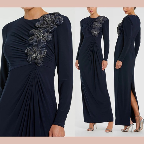 NWD Mac Duggal [ 14 ] 11850 Jersey Long Sleeve Fitted Gown With 3D Flowers J1870 - Picture 1 of 16